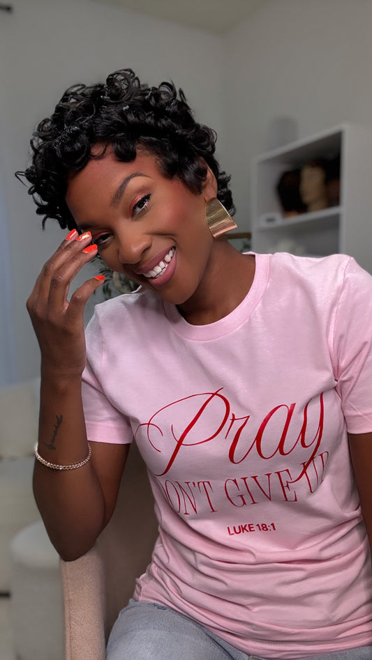 Pray Don’t Give Up Tee - Pink/Red Letters